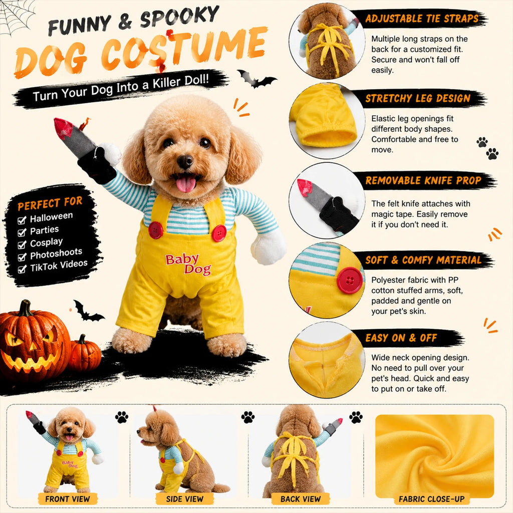 Halloween Doll Pet Costume for Cats & Dogs, Funny Horror Outfit with 3D Human Arm and Felt Knife Prop, Adjustable Straps
