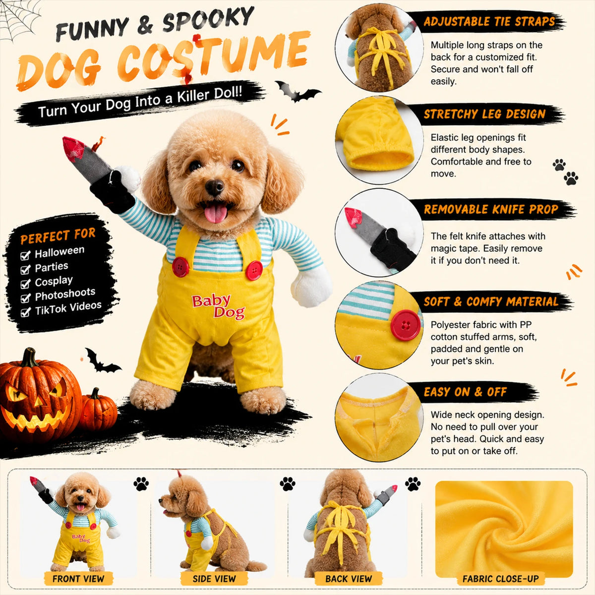 Halloween Doll Pet Costume for Cats & Dogs, Funny Horror Outfit with 3D Human Arm and Felt Knife Prop, Adjustable Straps