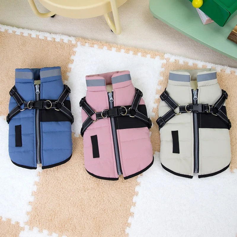 Padded Winter Dog Jacket with Built-In Harness – Reflective Zipper Coat for Small Dogs & Cats