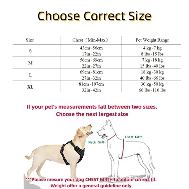 Size chart for dog harnesses with measurements and weight ranges.