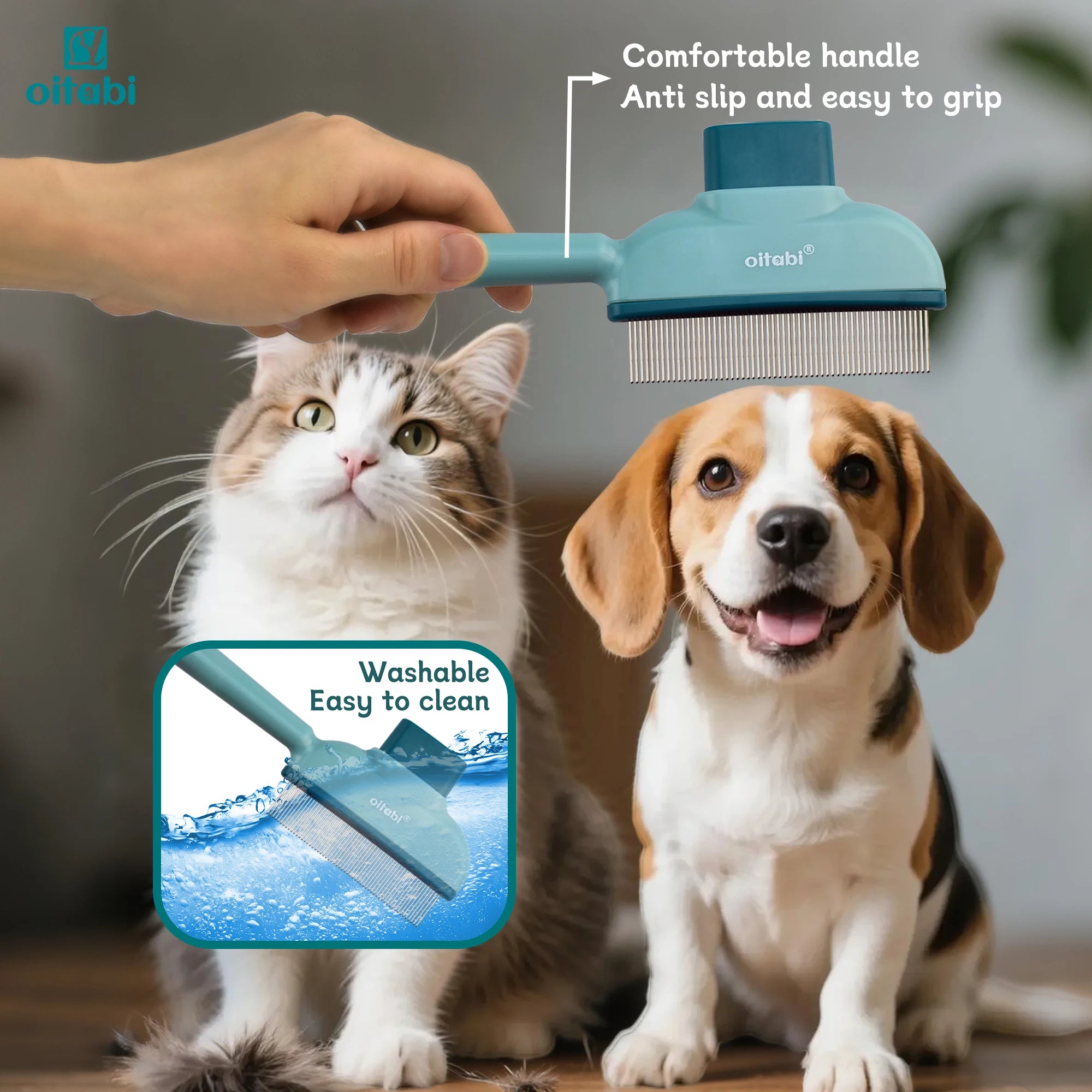Oitabi Pet Deshedding Flea Comb – Stainless Steel Teeth for Dogs & Cats