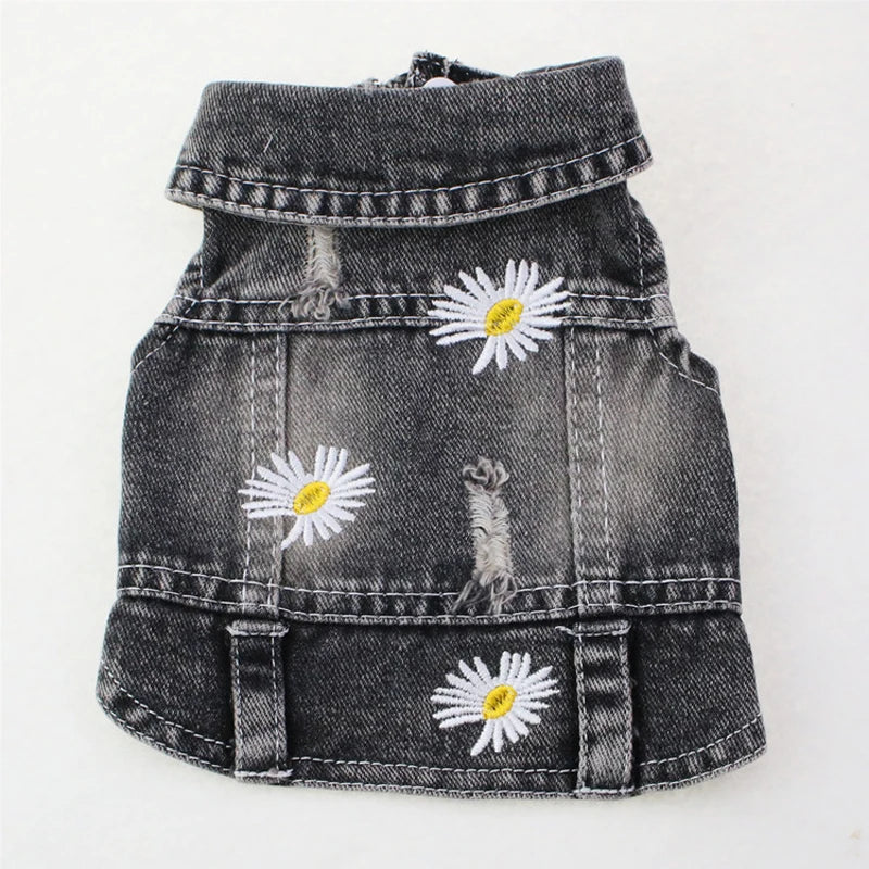 Daisy Embroidery Dog Denim Jacket – Vintage Washed Jeans Vest for Small & Medium Dogs