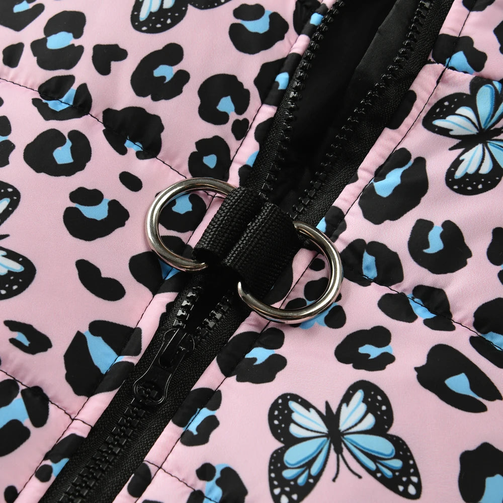 Leopard & Butterfly Print Waterproof Pet Coat with D-Ring – Winter Jacket for Dogs & Cats