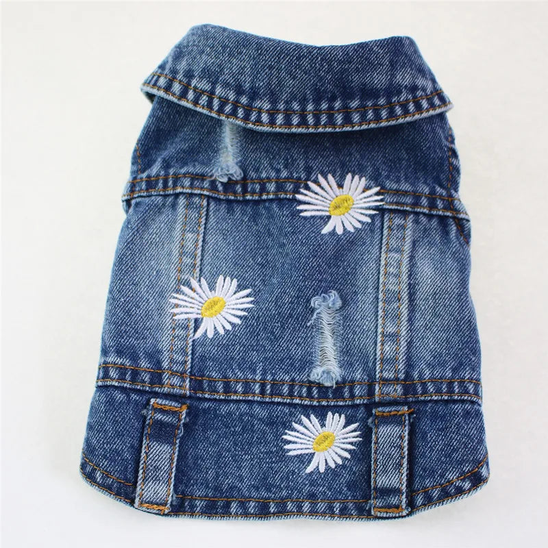 Daisy Embroidery Dog Denim Jacket – Vintage Washed Jeans Vest for Small & Medium Dogs