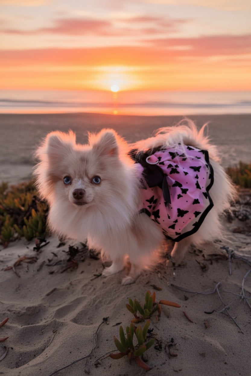 Small dog wearing a pink and black patterned coat on a beach at sunset.