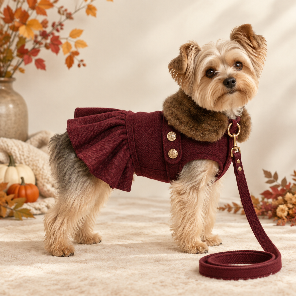 Doggie Design Wool Fur-Trimmed Dog Harness Coat - Burgundy
