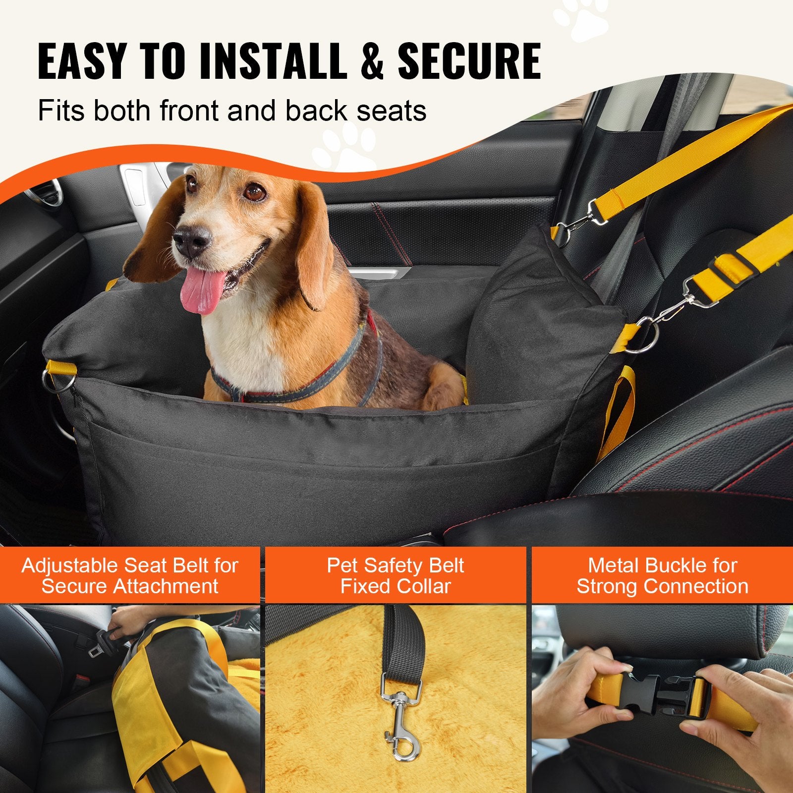 Dog safety seat in a car with features highlighted