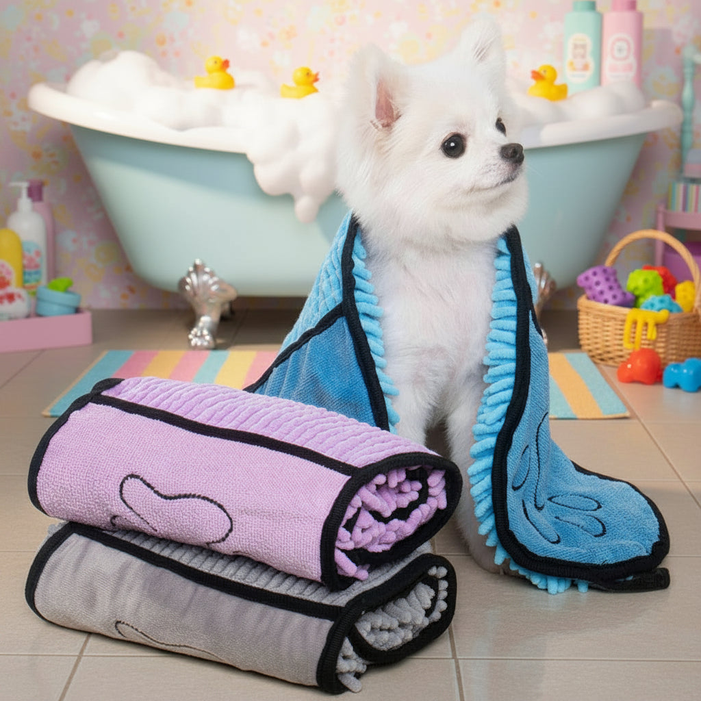 White dog with rolled-up pet towels on a wooden surface