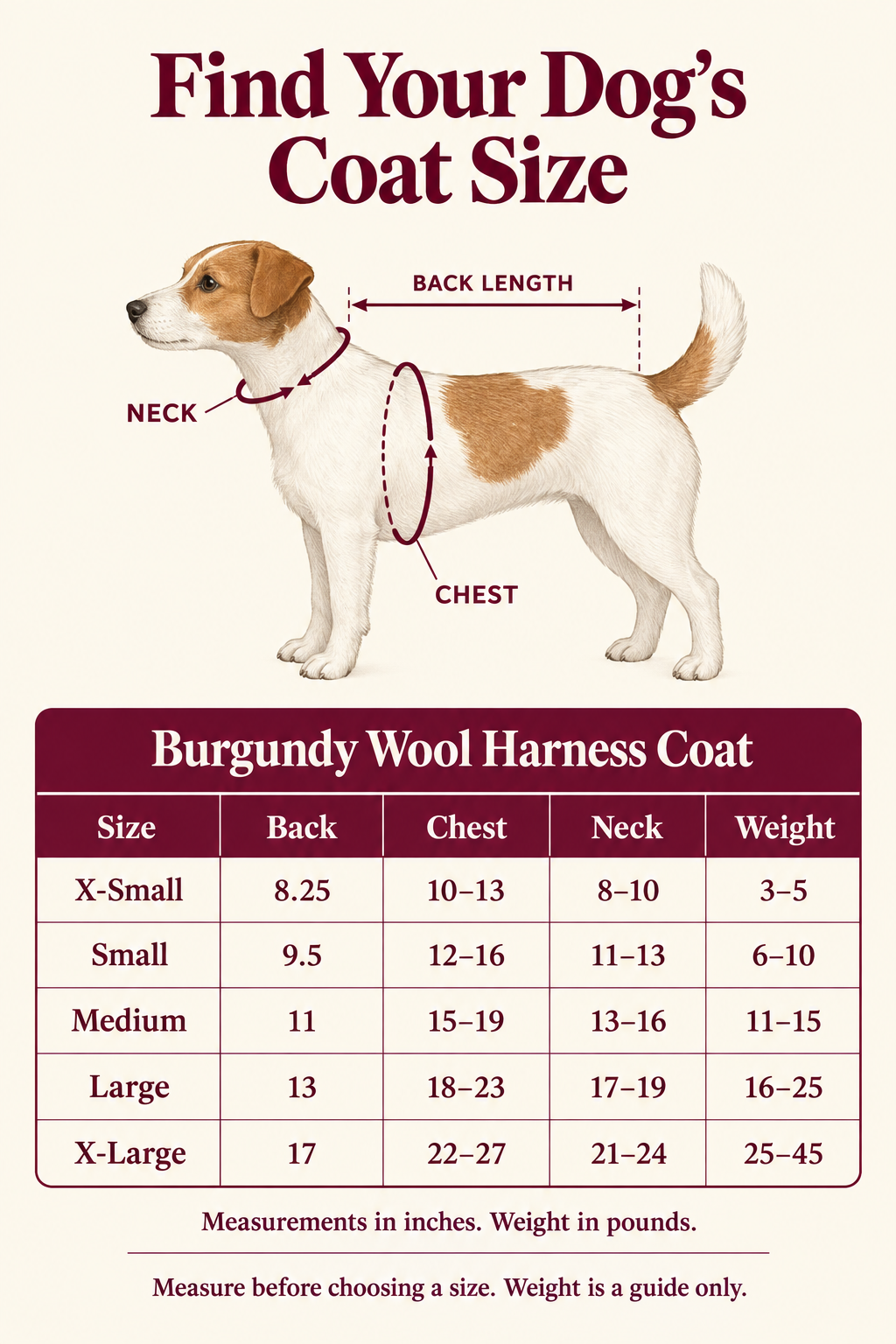 Dog measurement guide and coat size chart