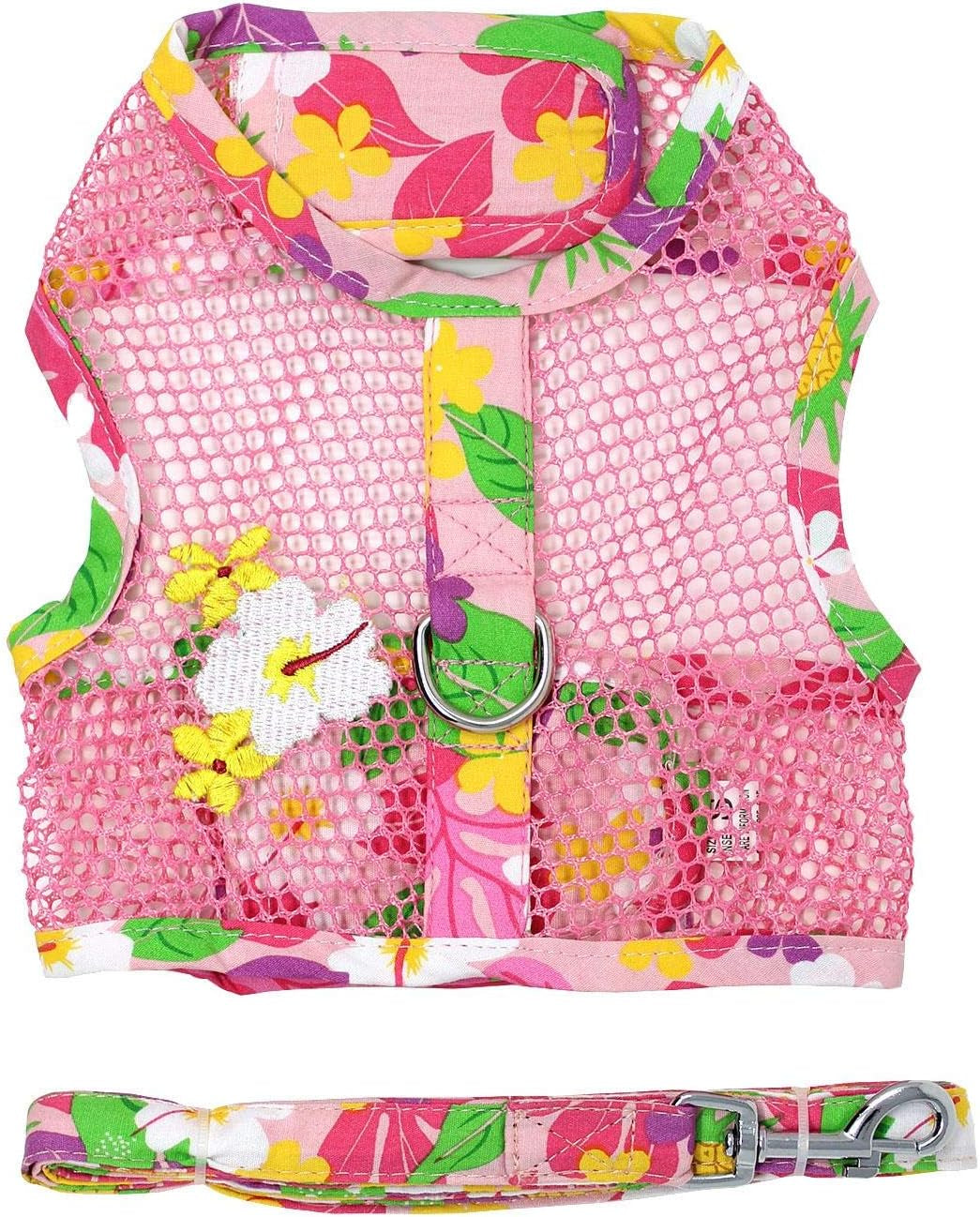 Cool Mesh Dog Harness with Leash Pink Hawaiian Floral 