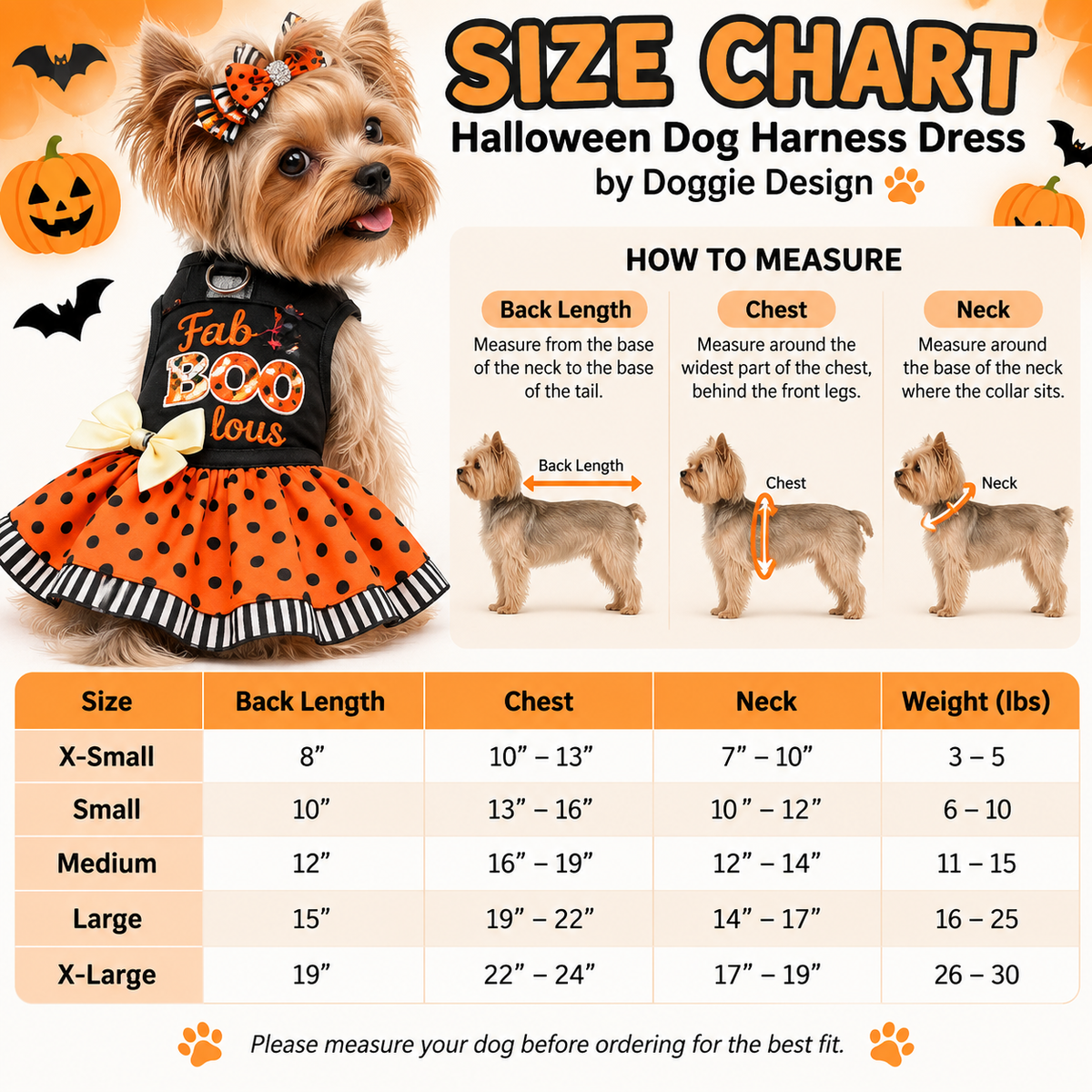 Fab-BOO-lous Halloween dog harness dress size chart