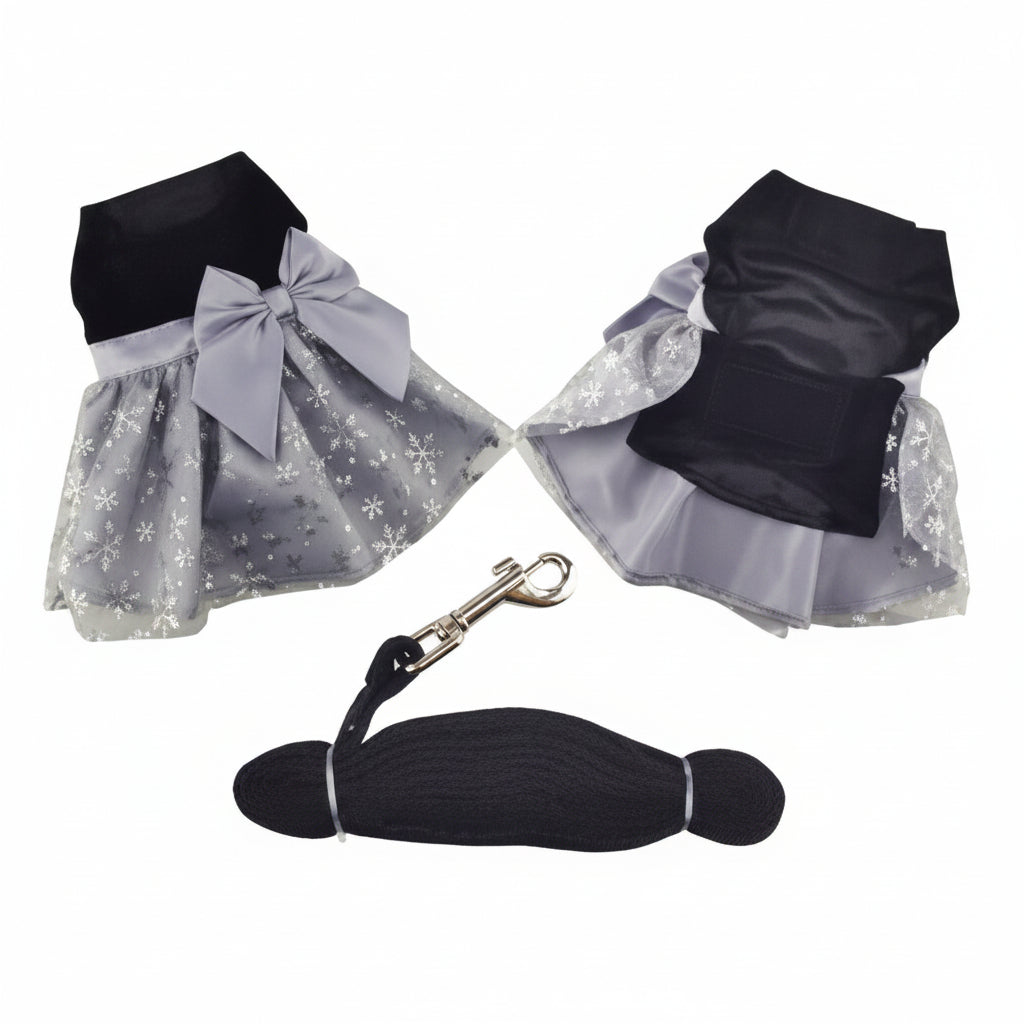 Black pet dress with silver glitter and a matching leash on a white background