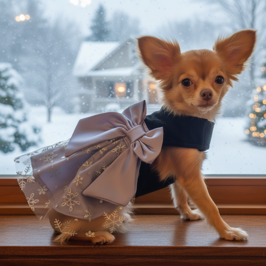 Small dog wearing a festive outfit with a large bow in front of a snowy window.