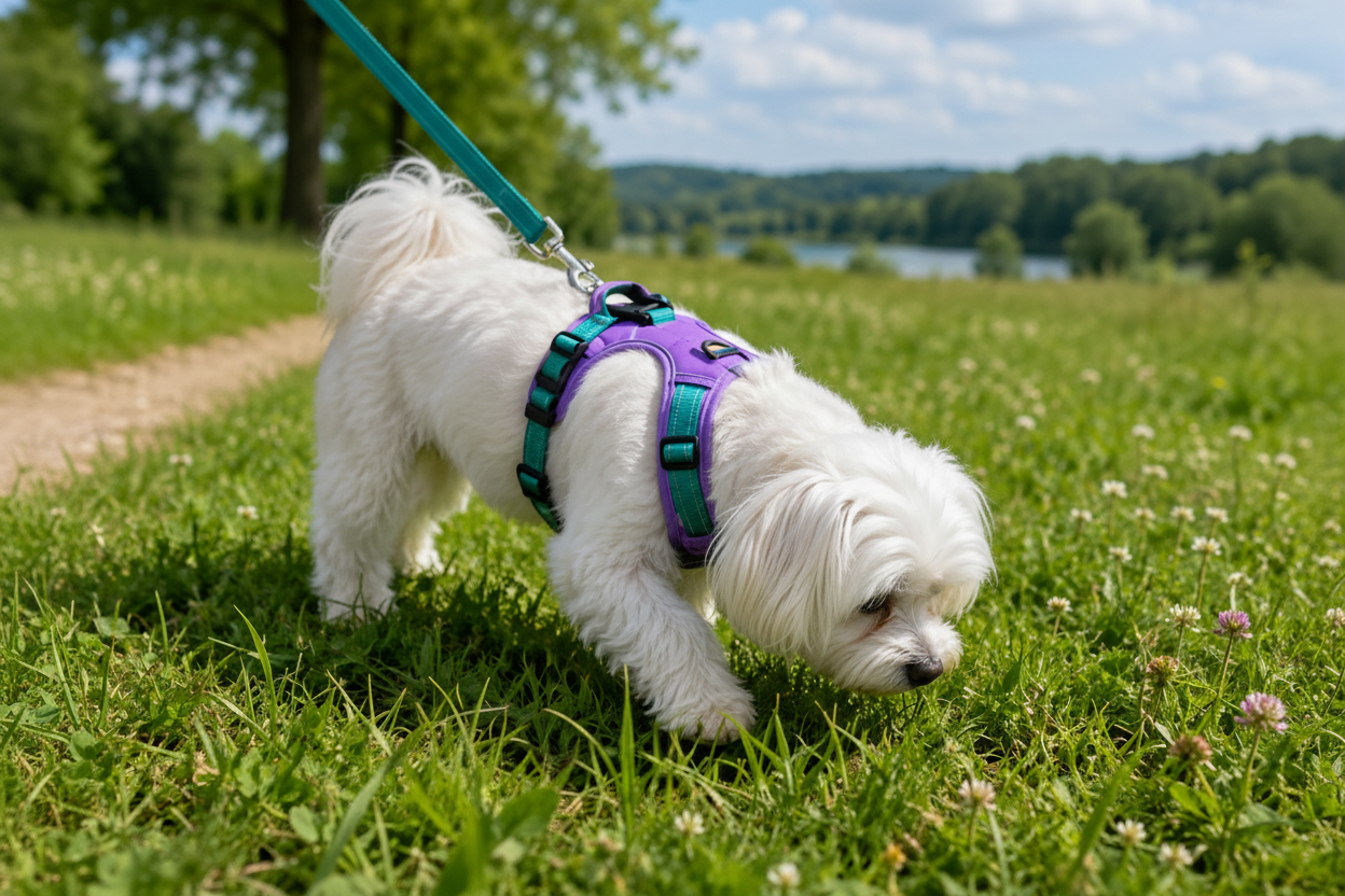White dog wearing a purple harness on a grassy field with trees and a lake in the background