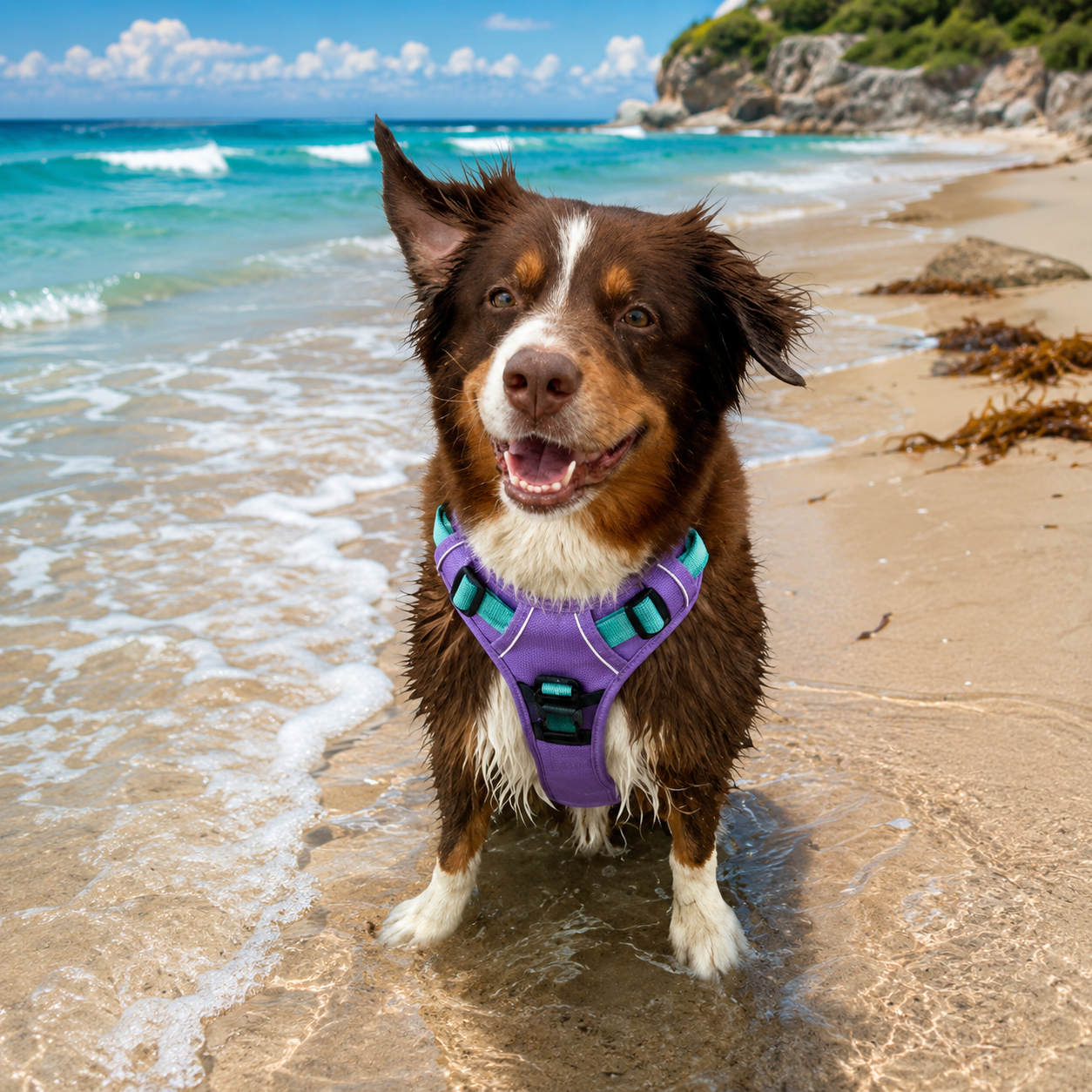 Dog on a beach wearing a purple harness with ocean waves and rocks in the background