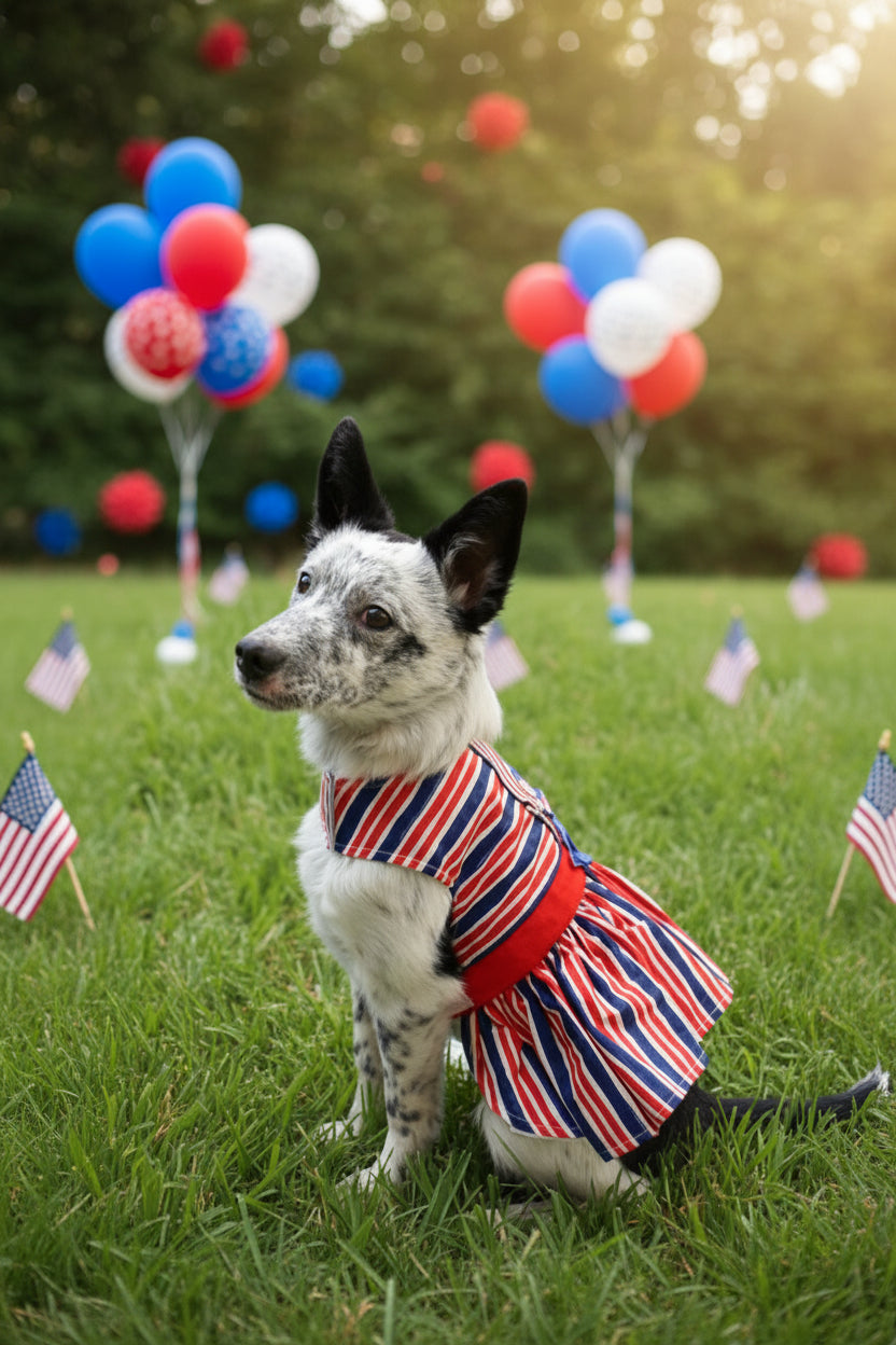 Dog wearing a red, white, and blue striped dress on grass