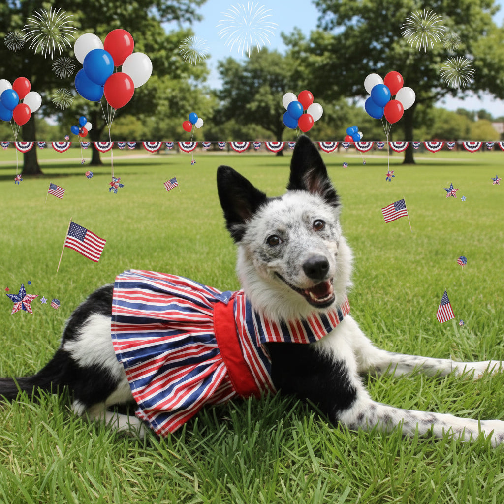 Dog wearing a colorful outfit lying on grass with trees in the background
