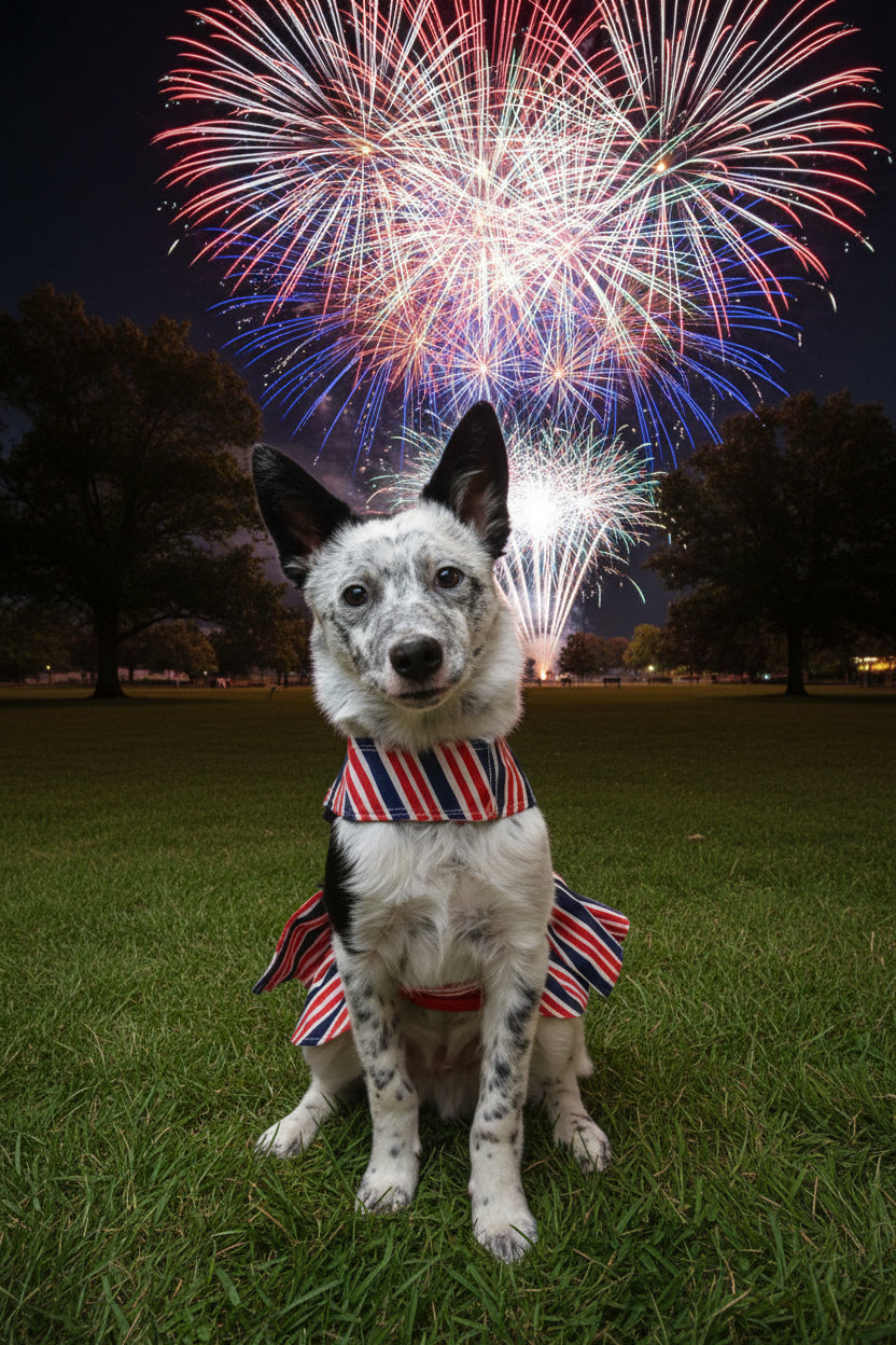 Dog wearing a red, white, and blue cape on a white background