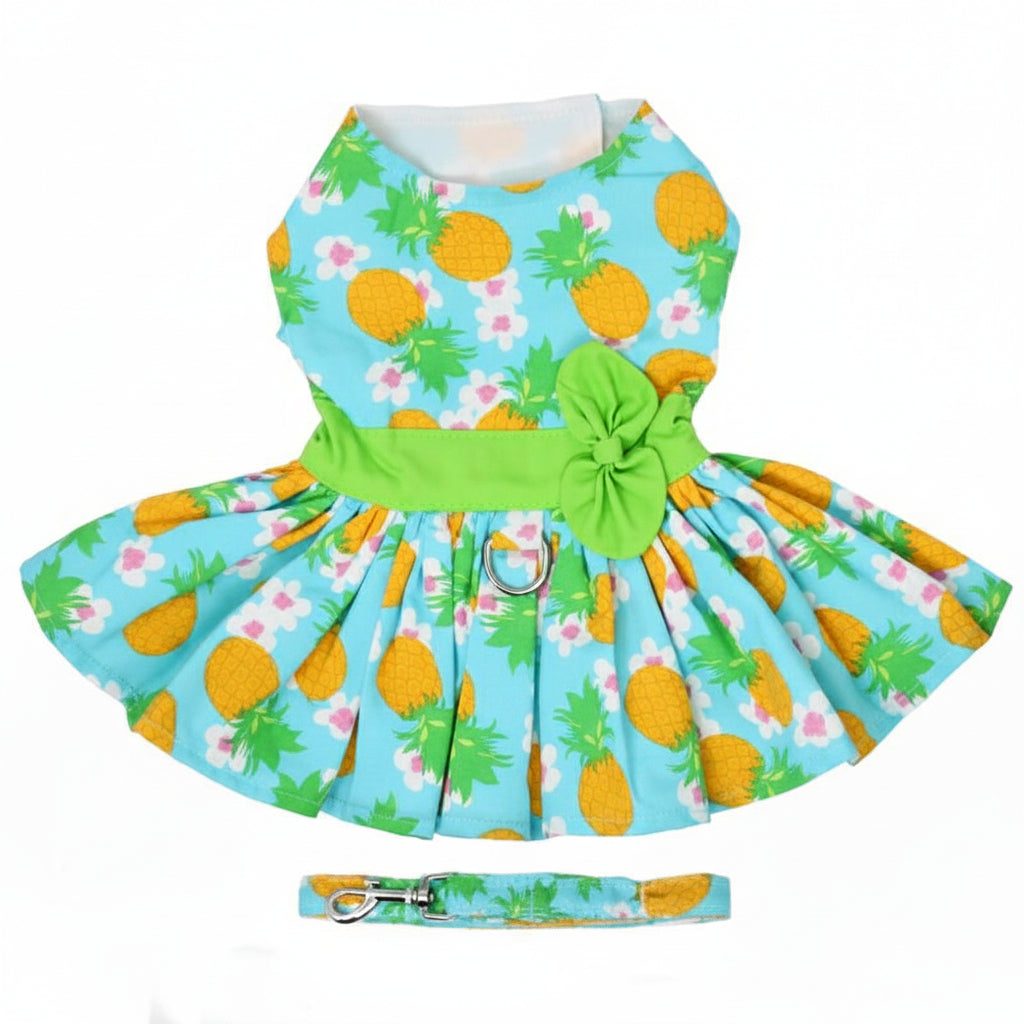 Dog dress with pineapple pattern and green belt on a white background
