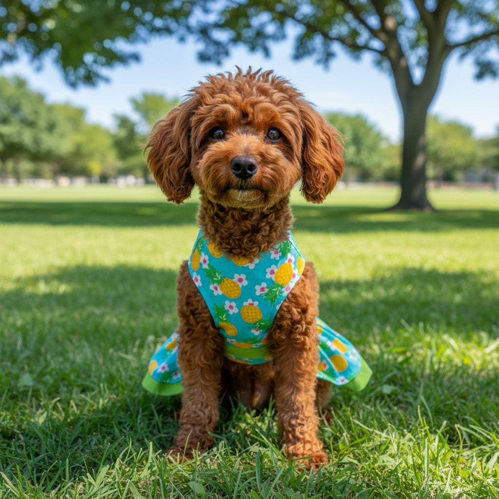 Small dog wearing a colorful dress with floral patterns and pineapple designs on a concrete surface.