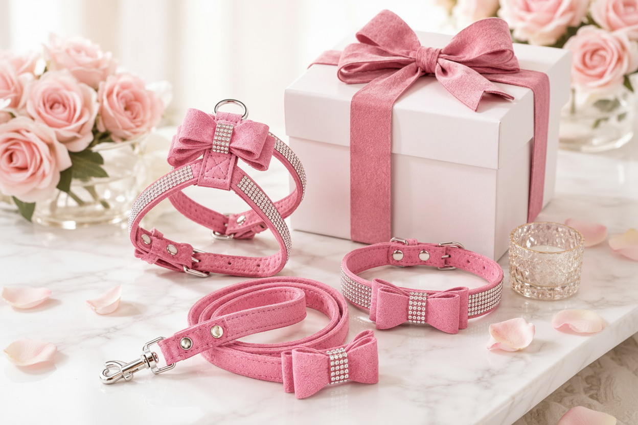 Pink Rhinestone Bow Dog Harness Set