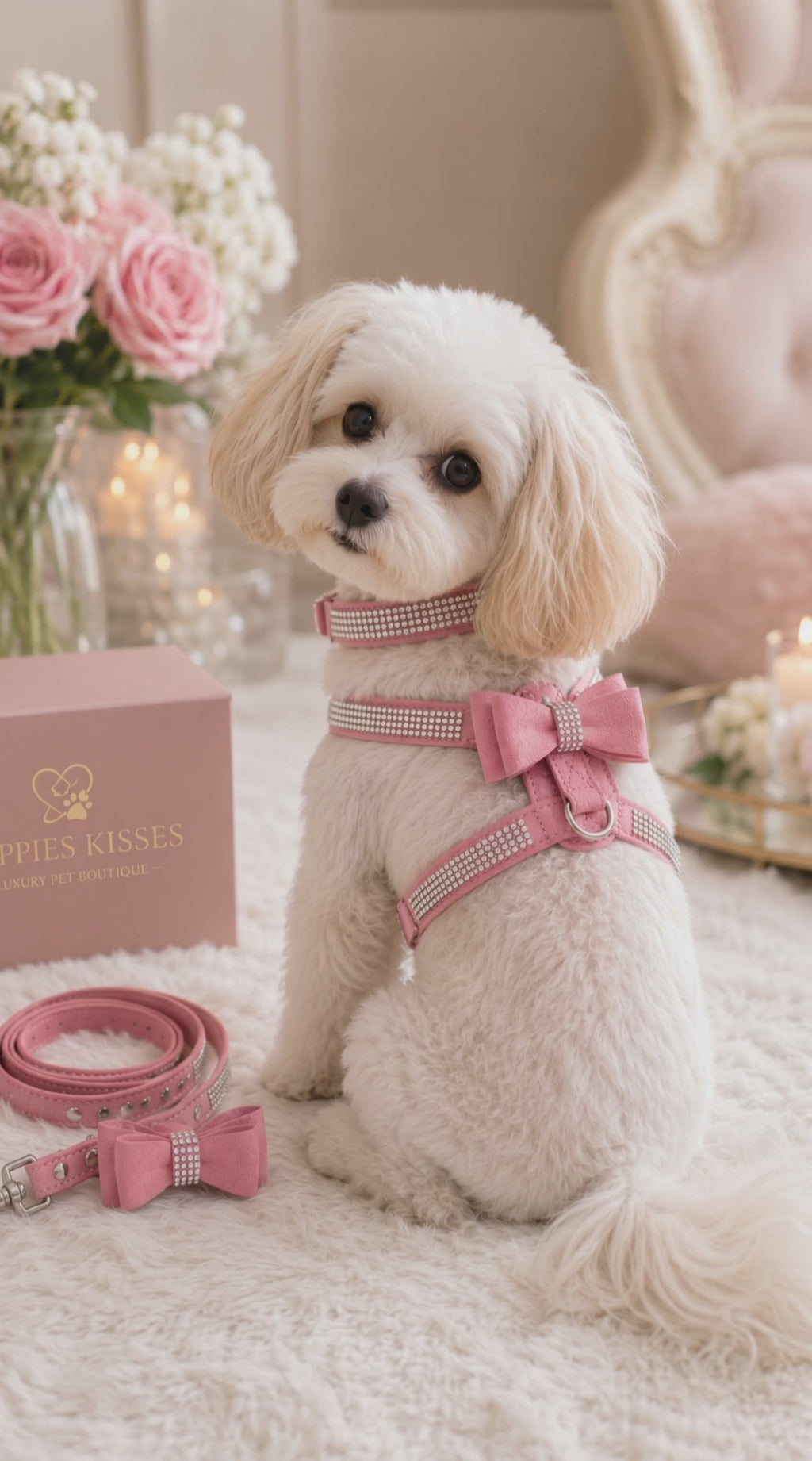 Dog wearing a rhinestone harness and leash set on a luxury home background