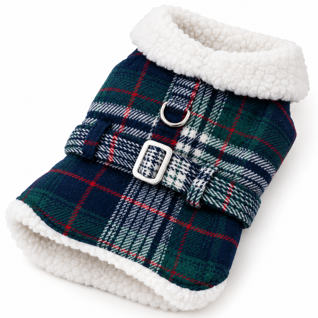Sherpa-Lined Dog Harness Coat – Blue & Green Plaid