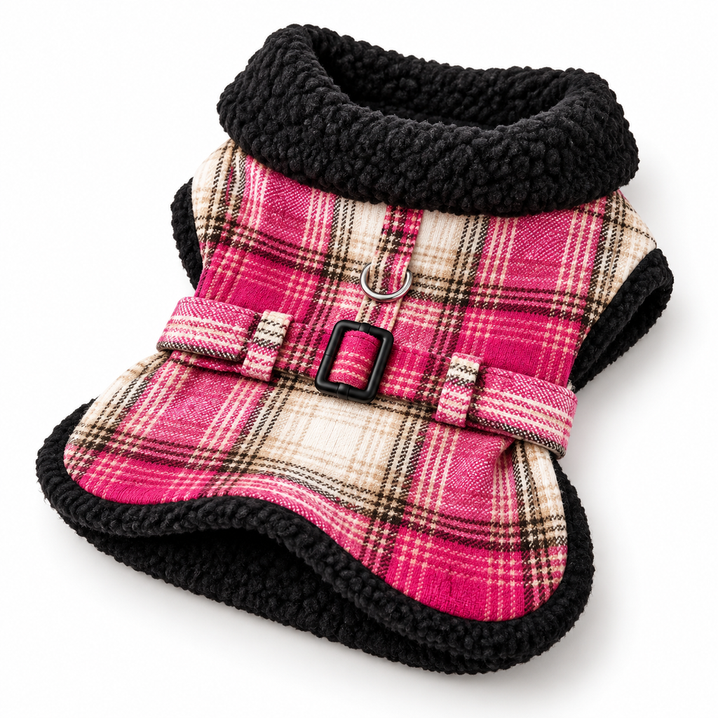 Sherpa-Lined Dog Harness Coat – Hot Pink & Tan Plaid