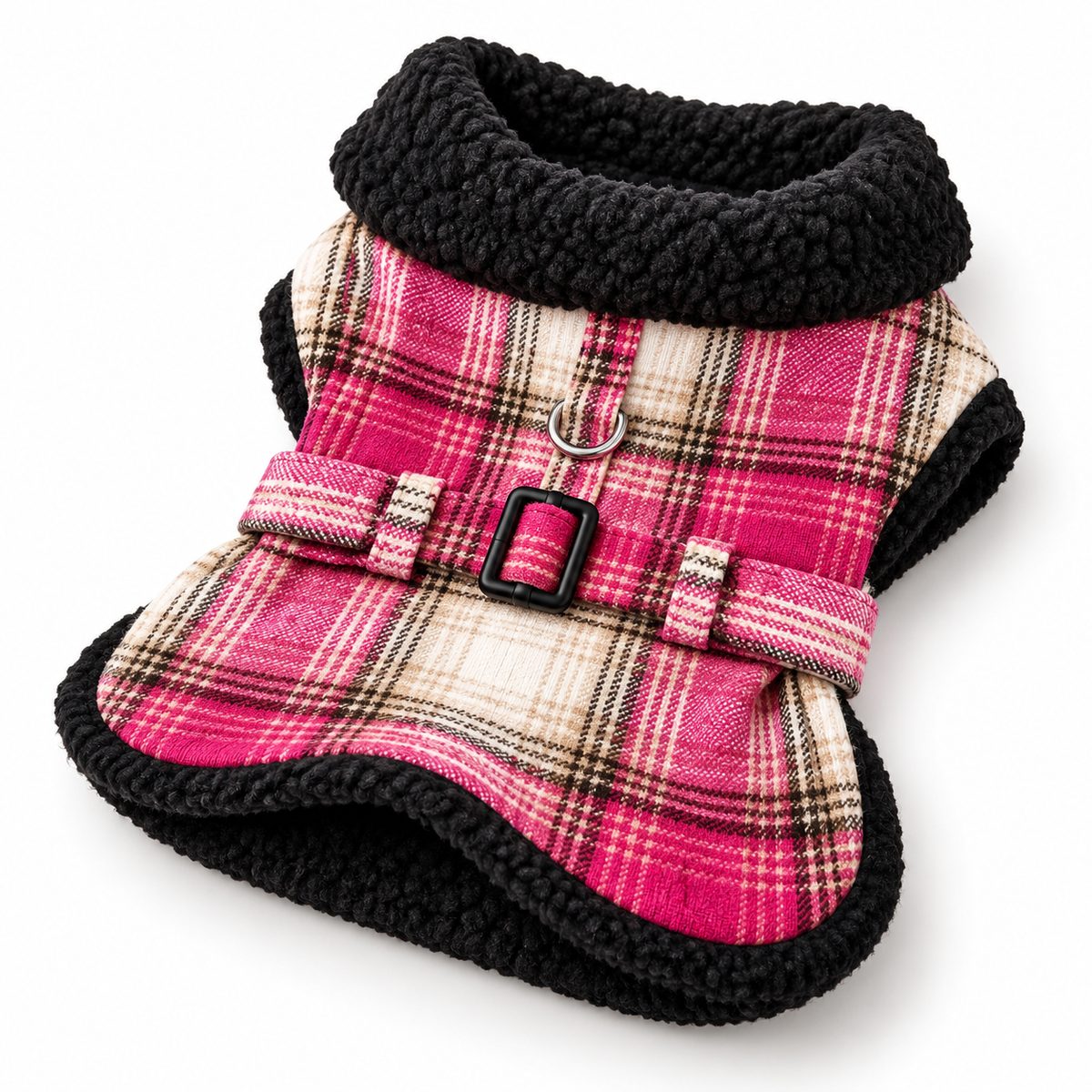Sherpa-Lined Dog Harness Coat – Hot Pink & Tan Plaid