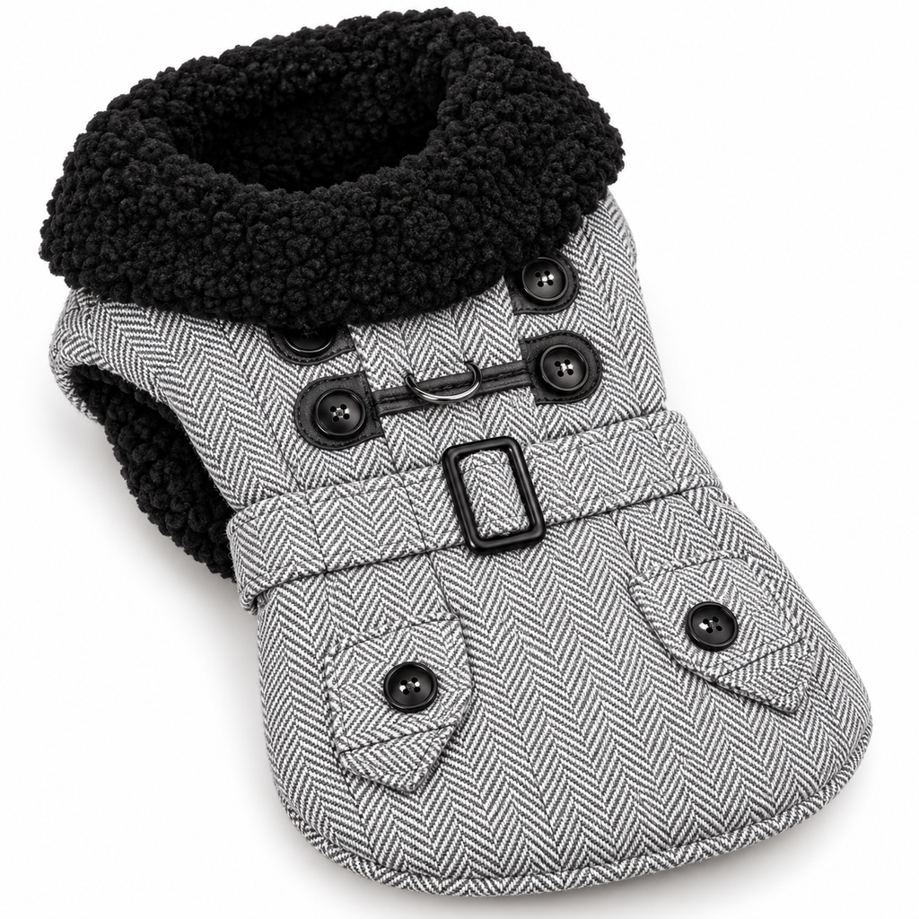 Grey Herringbone Dog Harness Coat & Matching Leash