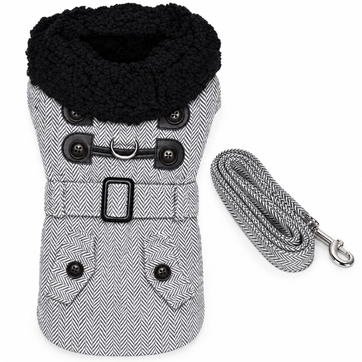 Grey Herringbone Dog Harness Coat & Matching Leash