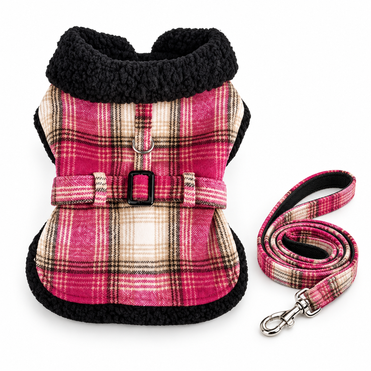 Sherpa-Lined Dog Harness Coat – Hot Pink & Tan Plaid
