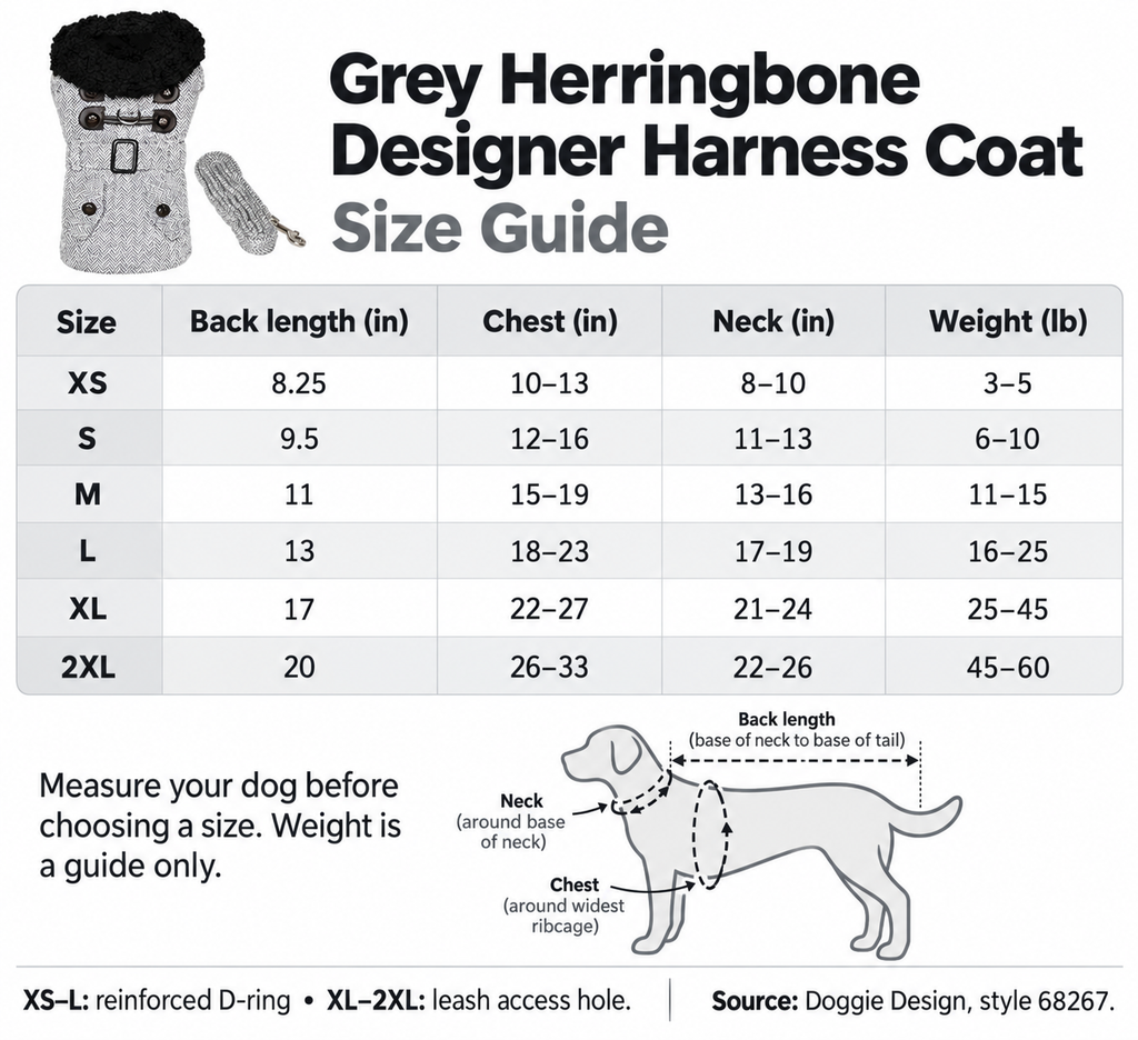 Grey Herringbone Dog Harness Coat & Matching Leash
