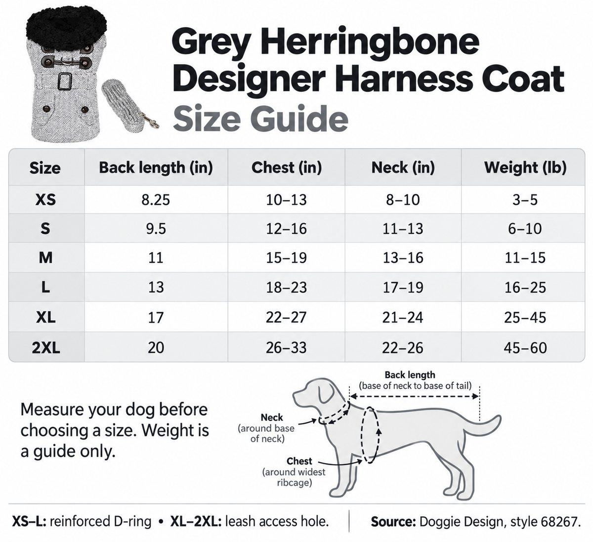 Grey Herringbone Dog Harness Coat & Matching Leash