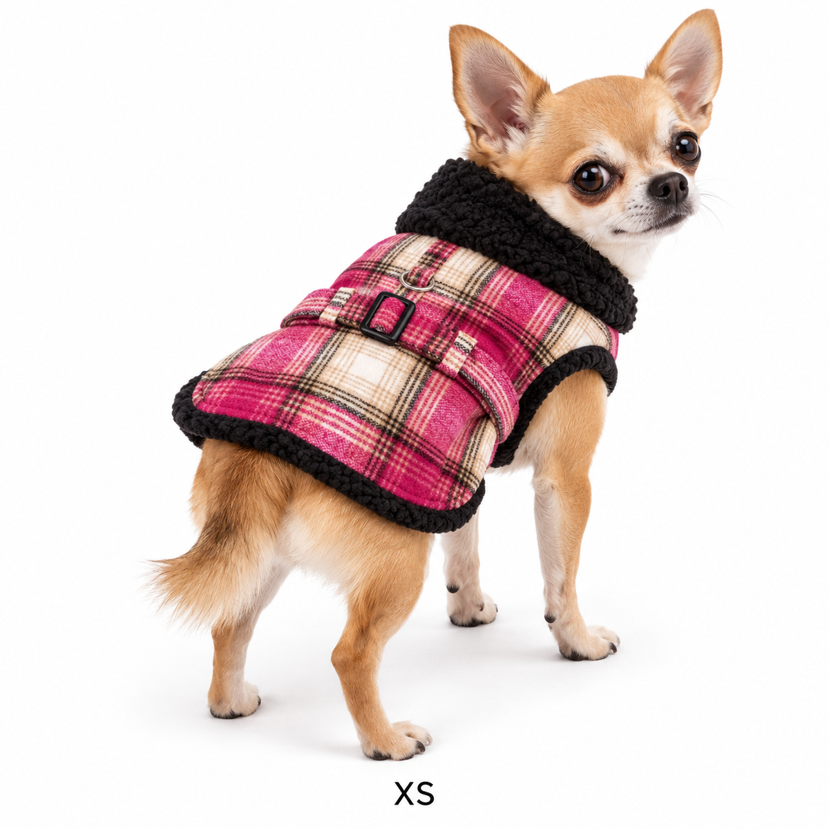 Sherpa-Lined Dog Harness Coat – Hot Pink & Tan Plaid