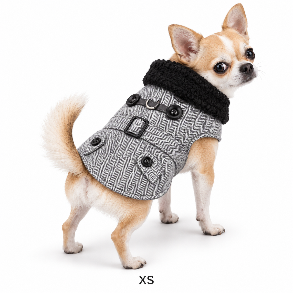 Grey Herringbone Dog Harness Coat & Matching Leash