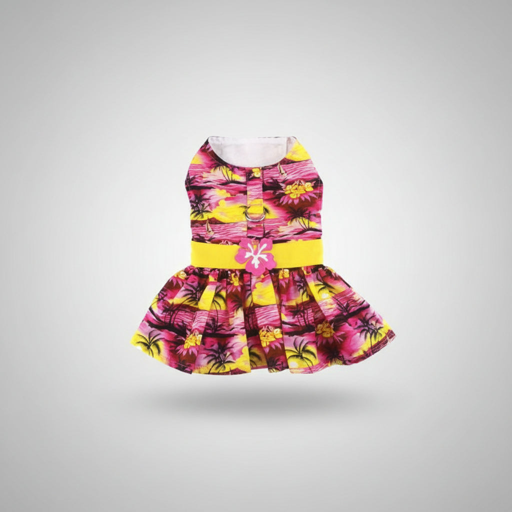 Colorful floral dress with a belt on a white background