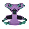 Purple and green dog harness on a white background