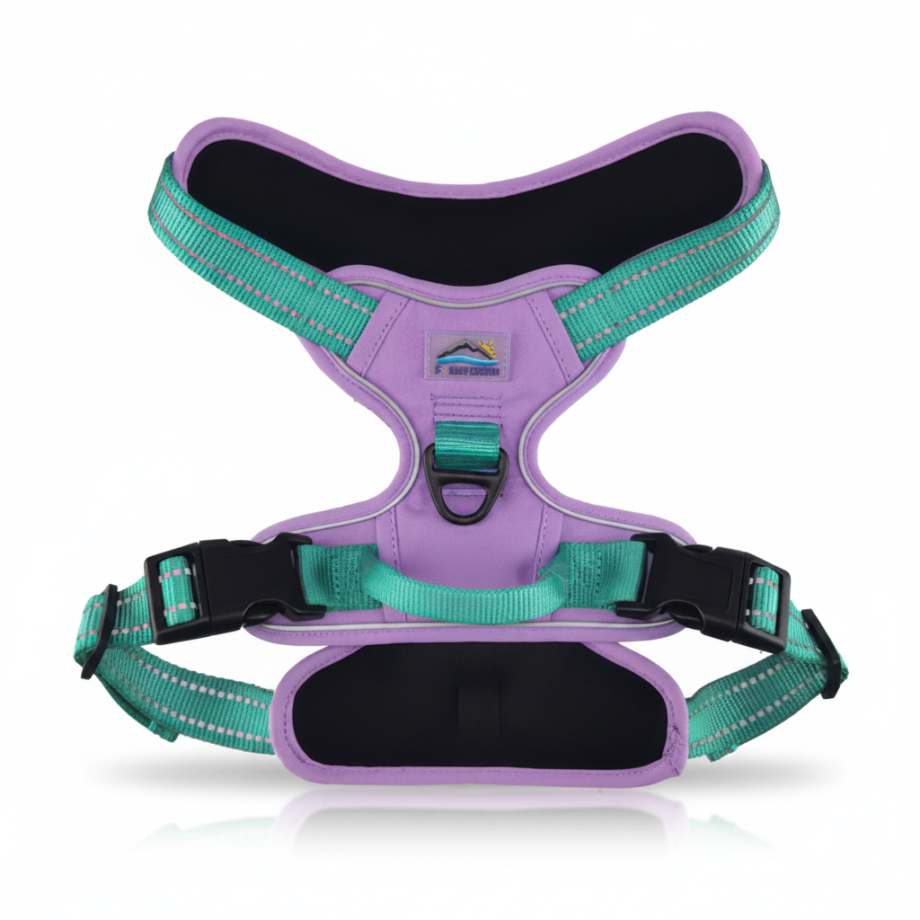 Dog harness with purple and green straps on a white background